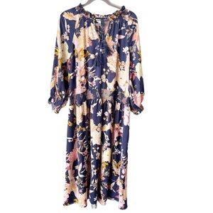 Terra & Sky Dress Women's 2X Blue Bird Floral Print Peasant Maxi